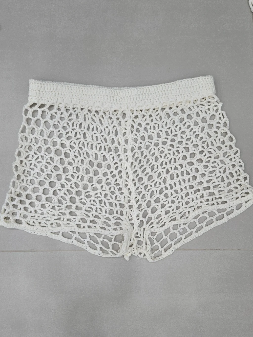 Zara Crochet Open-Knit Long Sleeve Top & Shorts Set In White Size XS/S